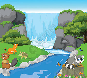 海狸有瀑布风景背景的滑稽动物插画