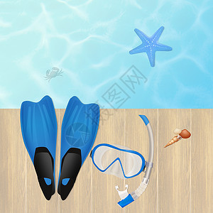 Flipppers 和潜水遮罩海星海滩脚蹼海洋运动面具呼吸管闲暇浮潜插图背景图片