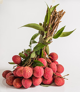 演播室的可爱甜美的拍摄水果团体粉色荔枝白色食物红色树叶热带背景图片
