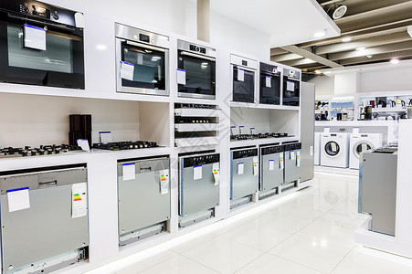 电器市场商店中的家用电器洗衣机店铺家庭销售家务设备库存零售店电器电烤箱背景
