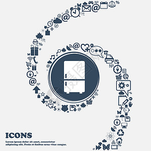 电气产品中央的冰箱图标 周围有许多美丽的符号扭曲成螺旋状 您可以将每个单独用于您的设计 韦克托插画