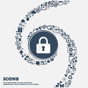 PADPad Lock 图标标志在中心 周围有许多美丽的符号扭曲成螺旋状 您可以将每个单独用于您的设计 韦克托储物柜海豹质量密码隐私出插画