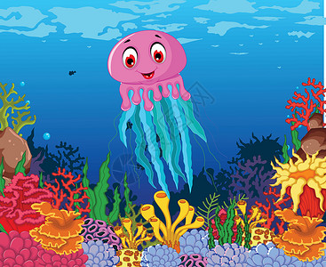 具有美海生物背景的有趣的水母漫画背景图片