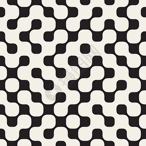 矢量无缝黑色和白色圆形不规则迷宫线模式格子平铺不对称织物包装网格风格墙纸装饰纺织品背景图片