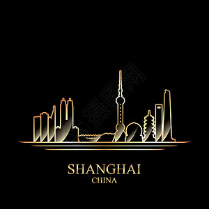 全景上海上海黑色背景的金月影插画