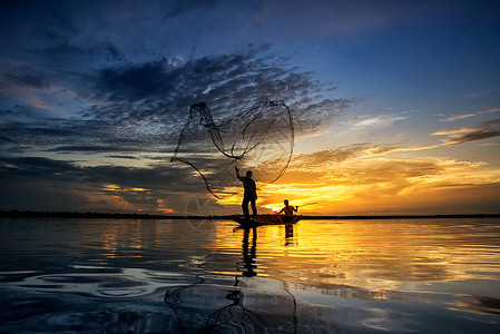 泰国食物传统旅行波纹工具渔夫日出农民钓鱼反射自然高清图片素材