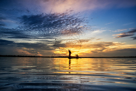泰国农民波纹传统日落反射工具渔夫钓鱼旅行热带日出高清图片素材