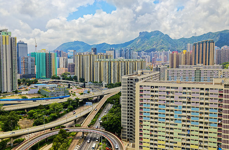 狮子山景观有地标性狮子山的香港公共屋苑不动产景观高楼住房贫民窟土地建筑城市财产窗户背景