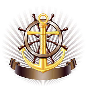 金色帆船带有金色的航海标志帆船水手海报金子冒险车轮工具码头海滩船运插画