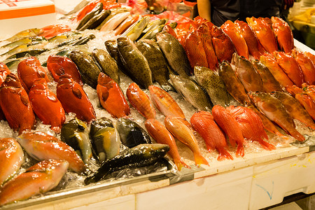 鱼类市场上的类鱼健康钓鱼零售饮食食物店铺海鲜商业销售红色鱼贩高清图片素材