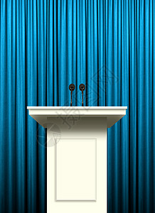蓝色窗帘背景上的白色讲台背景图片