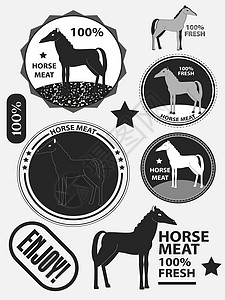 马肉刺身一套标志马肉马肉标签和徽章 韦克托插图产品雕刻邮票烹饪白色质量哺乳动物线条农业插画