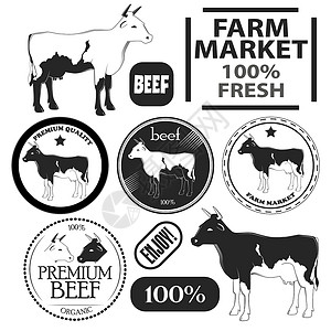 牛身体一套优质牛肉标签和设计元素 韦克托邮票市场徽章海豹牛扒农场熏肉屠夫产品店铺插画