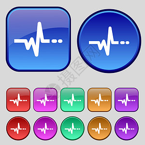 复古按钮素材脉冲图标标志 一套十二个复古按钮为您的设计 韦克托活力诊断用户监视器韵律屏幕曲线图表速度波形设计图片
