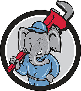 铅管工大象水管工活动扳手圆形卡通插画