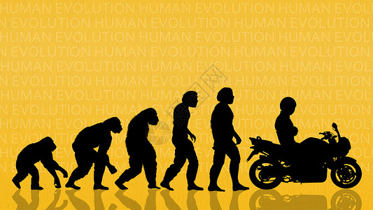 驾驶摩托车的人类进化历史自行车勘探科学起源男人插图生活摩托车手古生物学背景图片