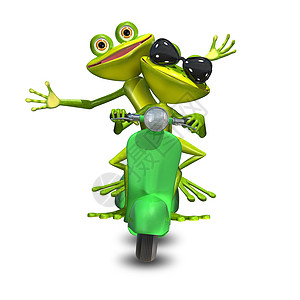 手绘两只青蛙3D 两只青蛙在一辆摩托车上背景