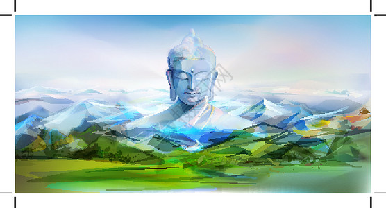 沉思者雕像Buddha 和景观插画