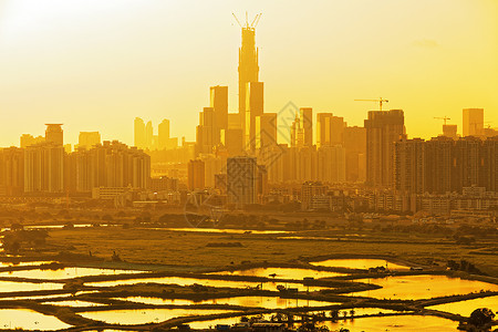日落时的中国城市交通地平线全景远景正方形摩天大楼建筑学摄影景观行人户外高清图片素材