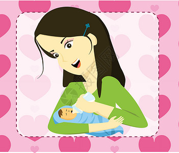 可爱奶瓶妈妈抱着她的孩子和奶瓶喂养男生新生女性婴儿母性牛奶宝贝幸福喜悦女士设计图片