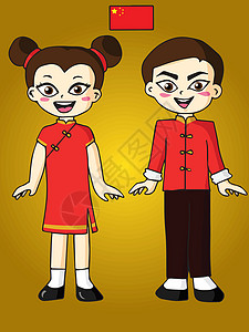 男孩和女孩穿着红色中国服饰农历新年概念背景图片
