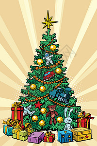 圣诞老人星带礼物的圣诞树插图漫画绿色艺术新年卡通片童年花环装饰房子插画