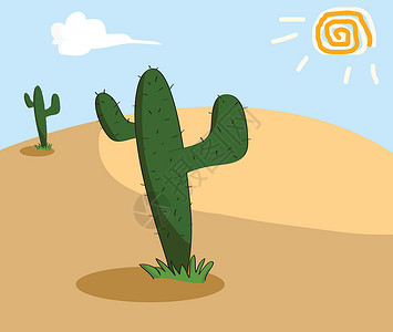 沙漠中的绿色仙人掌生长在干旱的沙漠中插画