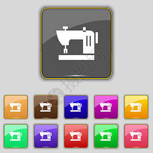 老式缝纫机缝纫机图标符号 设置为网站的11个彩色按钮 矢量插画