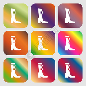 冬鞋女性秋季和冬季鞋靴图标标志 九个带有明亮渐变的按钮 设计精美 韦克托插画