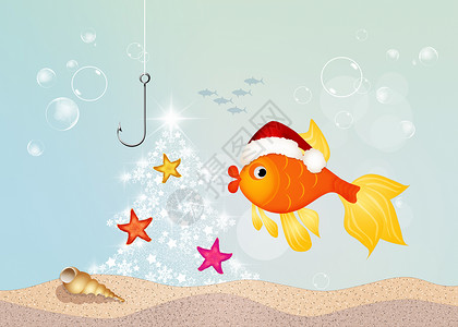 圣诞节的红鱼海上生活海洋明信片快乐动物海星庆典插图卡通片新年背景图片