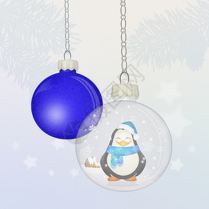 圣诞水晶球松树插图庆典礼物卡通片蓝色水晶明信片展示企鹅背景图片