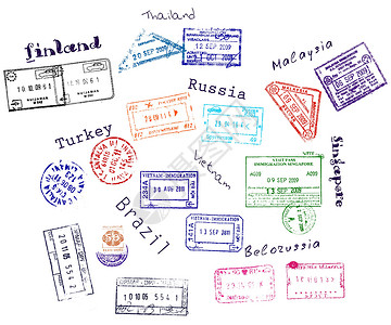 芬兰堡来自 9 个国家/地区的真实签证印章插画