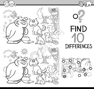 差异游戏彩页野生动物染色解决方案测试填色本动物绘画孩子们卡通片森林背景图片