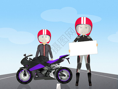 情侣骑摩托车司机女性摩托车手头盔男人套装速度极限引擎快乐背景图片