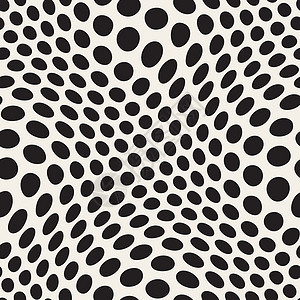 矢量无缝不规则波尔卡圆点扭曲模式白色装饰品流行音乐织物光学黑色圆圈辐射艺术网格背景图片