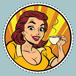 茶美容喝咖啡的年轻美容女子漫漫饮料食物流行音乐漫画女士插图标签享受芳香女孩插画