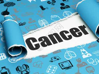 癌症研究医保概念 黑文字 在撕破的纸下的癌症背景