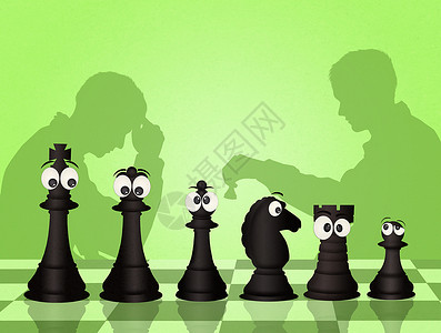 下象棋的男子国王插图主教专注黑色白色卡通片女王竞赛游戏背景图片
