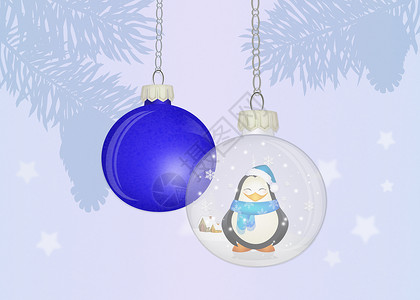 圣诞树上的圣诞球展示插图礼物卡通片企鹅水晶松树明信片庆典蓝色背景图片