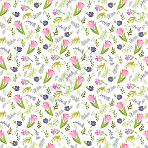 粉色小野花用郁金香和野花 呈现出优美的无缝模式插画