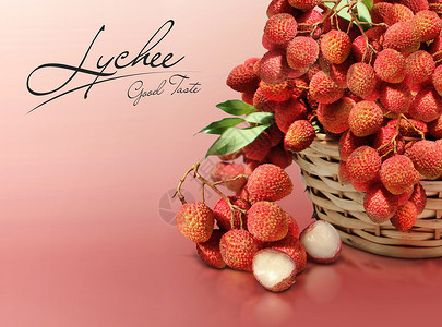 红色固体底底的利丘味道小吃荔枝篮子桌子产品热带季节香味农业背景图片