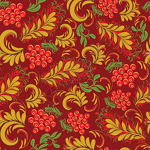 红色浆果传统俄罗斯风格的无缝花纹 Hohlom插画