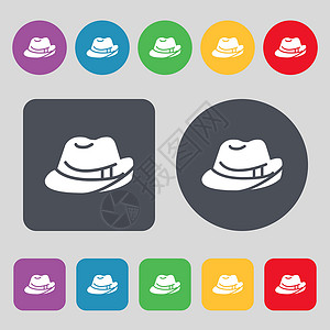 福明托帽帽子图标标志 一组 12 个彩色按钮 平面设计 韦克托设计图片