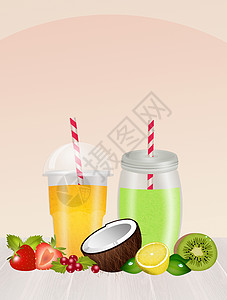 带果实的新鲜冰沙玻璃甜点插图椰子果汁奇异果香蕉店铺营养柠檬背景图片