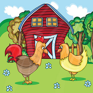 干煸鸡农村景观背景中的公鸡和小鸡插画