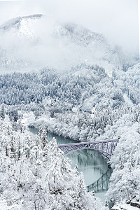 冬季风景白色森林冰镇树木冷冻风光田园铁路农村景观背景图片