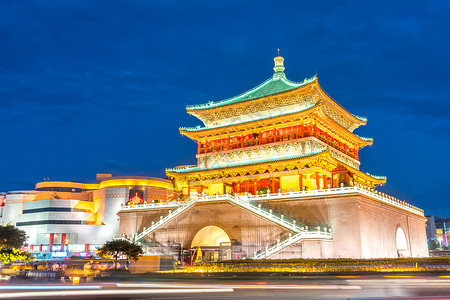 滇重楼Xian钟楼天空日落中心文明首都重楼街道景观观光旅游背景