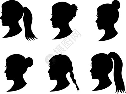 女孩剪影矢量图一组不同发型的黑色剪影女孩头 尾巴 马尾辫 发髻 辫子发型 留着长头发的年轻女性侧脸 孤立在白色背景上 矢量图插画