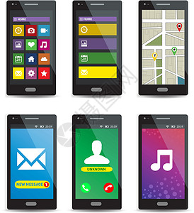 一套现代触摸屏智能手机 在白色背景隔离的屏幕上安装应用软件背景图片