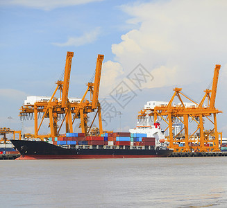 集装箱船用大起重机工具在港口装载货物背景图片